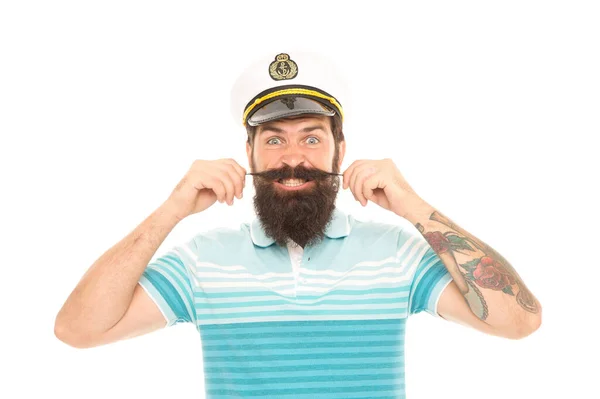 Man cheerful captain sailor hat trip around world, mad about travel concept — Stock Photo, Image