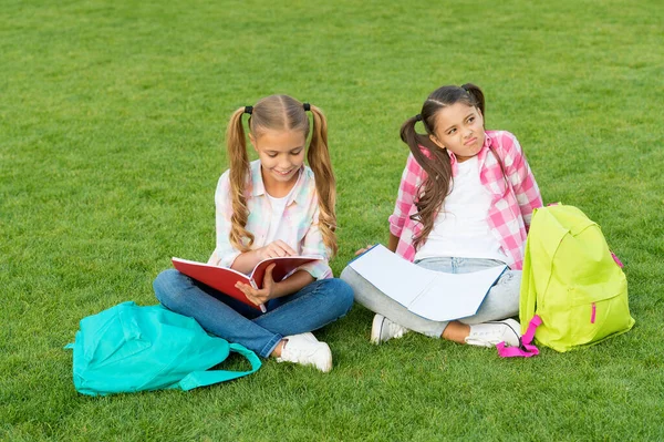 Alunos da escola de meninas fazendo lição de casa juntos no ar fresco, conceito de crianças inteligentes — Fotografia de Stock