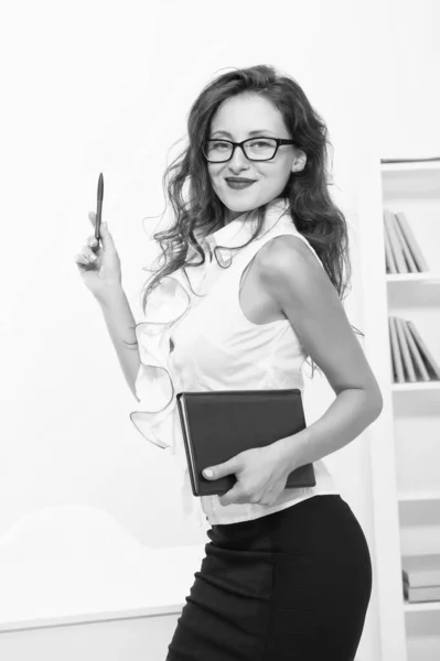Doing her job with passion. Ambitious female in business office. Emancipated woman. Woman eyeglasses attractive secretary. Business lady. Business academy. Office staff. Administrator or receptionist — Stock Photo, Image