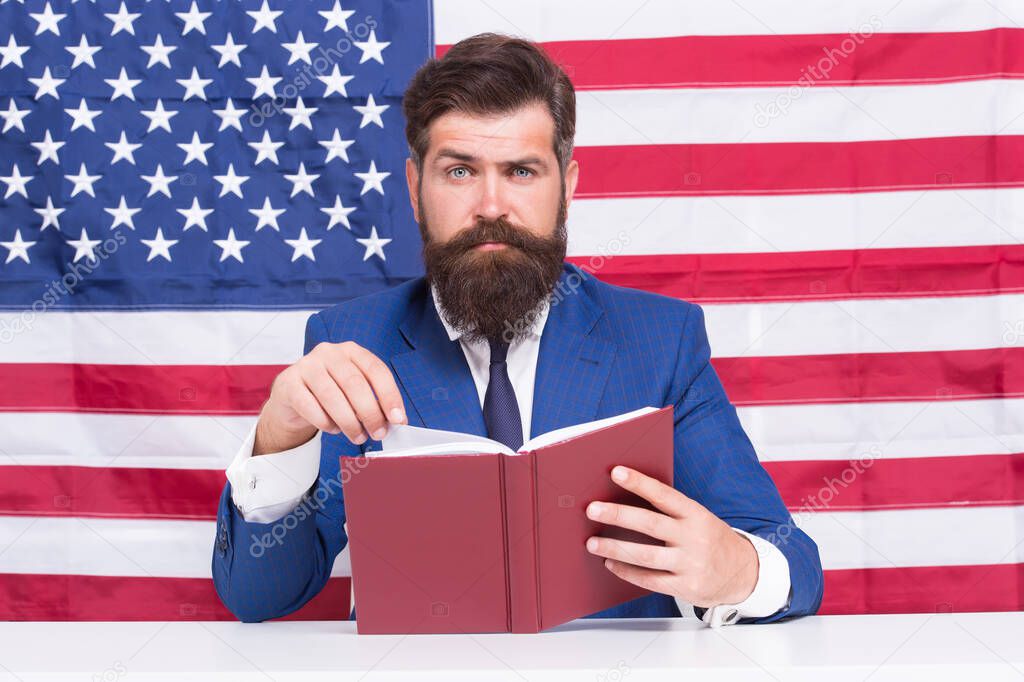 American man entrepreneur businessman usa flag background, professional lawyer concept