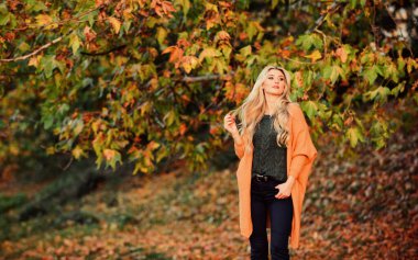 Hafta sonu için samimi kıyafet fikirleri. Kadın gün batımında yürüyor. Sonbaharda giymek için rahat kıyafetler. Rahat bir kıyafet. Sevimli sarışın kız, sıcacık ve rahat pozlar veriyor. Sonbahar doğasının arka planı çözüldü.