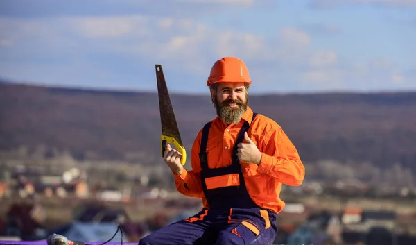 Successful bearded man in hard hat. mature man builder use saw. professional repairman in helmet. build and construction. Skilled architect repair and fix. engineer career — Stock Photo, Image