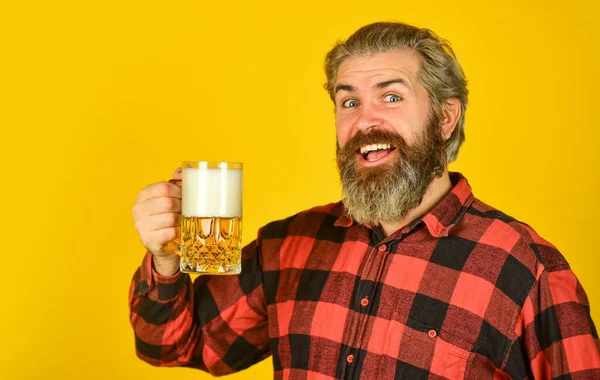 Dodawanie radości w życiu. Dojrzały brodaty mężczyzna trzyma szklankę piwa. Wszystkiego najlepszego. Zrób łyk. Czas wolny i świętowanie. Facet pijący piwo w pubie. Browar piwny. Hipsterzy piją piwo. Świętuj z alkoholem. — Zdjęcie stockowe