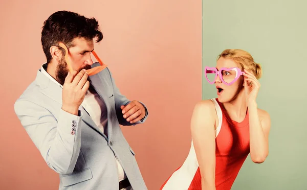 Celebrating holiday. Corporate culture. Diving into celebration. Couple having fun. Office party. Playful businessman and colleague celebrating. Bearded man pretty woman party goggles celebrating — Stock Photo, Image