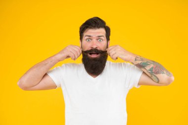 Yakışıklı bıyıklı adam berber servisi, neşeli adam konsepti.