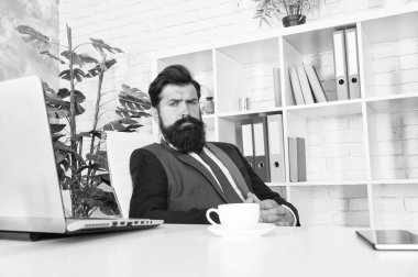 İyi bir kahve olmadan ofis hayatı düşünülemez. Resepsiyon odasında. Saygıdeğer CEO. Yakışıklı patron ofiste oturup kahve içiyor. Rahat çalışma alanı. Sakallı hippi kıyafeti kahve ile rahatlıyor.