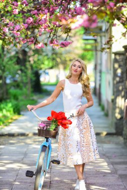 Bahar geldi. moda ve güzellik. Kadın klasik bisiklete biniyor. Sakura çiçeğinin altında romantik bir kız. Güzel bahar mevsimi doğası. kiraz çiçekleri. Pembe çiçekli sakura. Park yerinde dinlen.