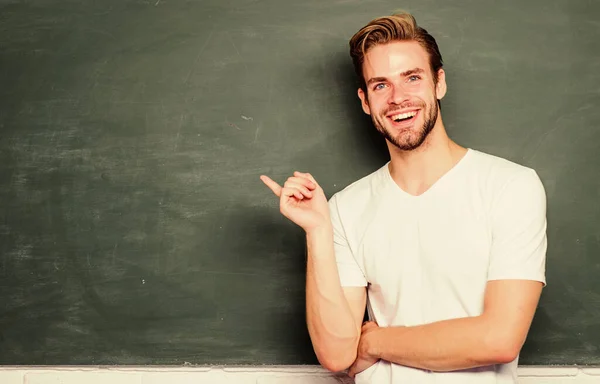 Giving our best. back to school. empty blackboard information. man teacher at school lesson. knowledge day. man ready to study. happy student at blackboard. Students life