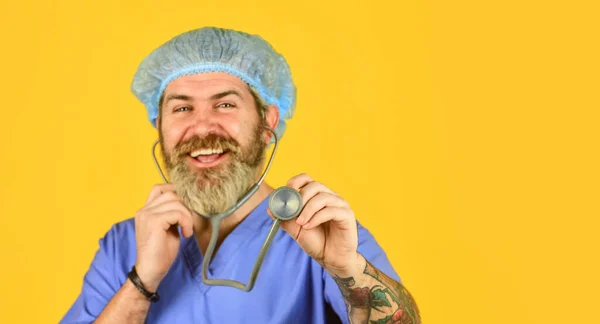 Monitor symptoms. Medical insurance. Virus concept. Man bearded doctor uniform stethoscope. Hipster work hospital. Health care. Medical check up. Express test. Medical help. Cheerful pediatrician — Stock Photo, Image