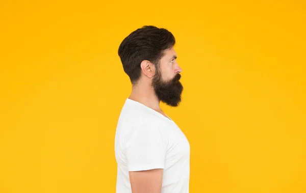 Bushy skägg hipster man frisör klient gul bakgrund, perfekt sidovy koncept — Stockfoto