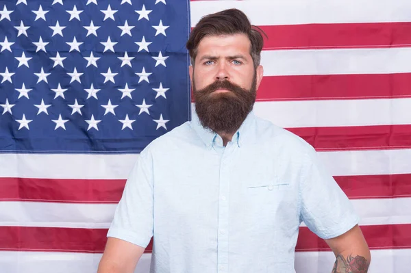 Man well groomed hipster stylish appearance american flag background, office worker concept — Stock Photo, Image