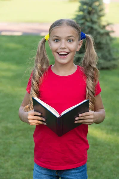Malá dívka roztomilý účes čtení kniha relaxační příroda pozadí, domácí úkol koncept — Stock fotografie
