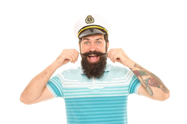 Man vrolijke kapitein matroos hoed reis rond de wereld, zwerflust concept — Stockfoto