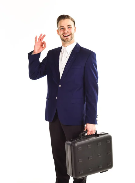 Man in suit or businessman with happy face holds briefcase — Stock Photo, Image