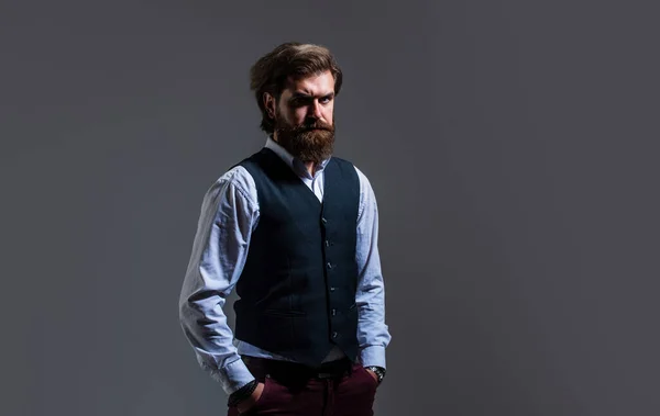 Handsome and successful man in expensive suit. He is in shirt. stylish successful man in suit posing. business man wear suit. official office lifestyle. serious bearded man — Stock Photo, Image