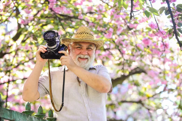 Travel and tourism. Spring holidays. Travel photo. Retirement travel. Capturing beauty. Photographer in blooming garden. Senior man hold professional camera. Photography courses. Happy grandfather