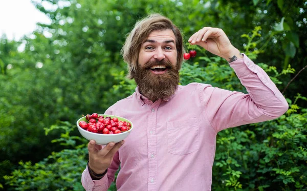 Unhealthy vs healthy food. cheerful male hipster hold fresh berry. fruit full of vitamin. only organic food. dieting and healthy lifestyle. happy bearded man with sweet cherry. cherries for breakfast