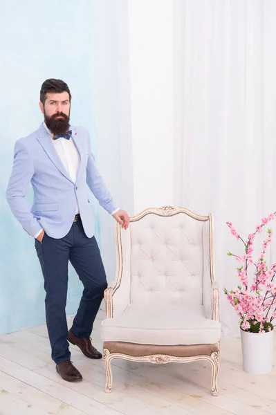 Gentleman elegant man wear classic suit bow tie, menswear boutique concept