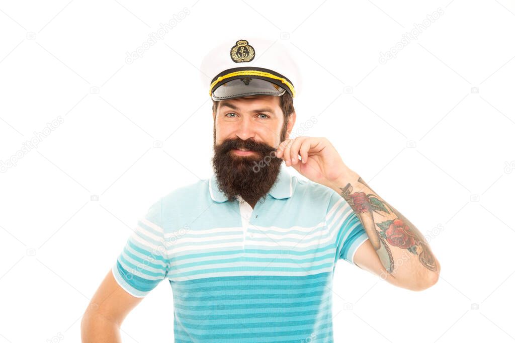 Man bearded captain sailor uniform marine cruise, ocean adventure concept