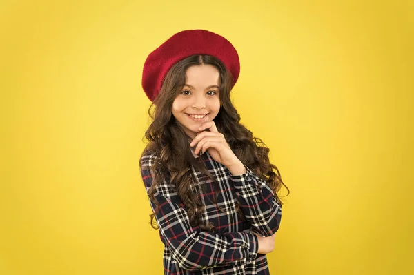 Fashion shop. Fancy accessory. Child long curly hair wearing beret hat. Happy schoolgirl stylish uniform. Happy childhood concept. Happy smiling cheerful kid portrait. Small girl nice hairstyle — Stock Photo, Image