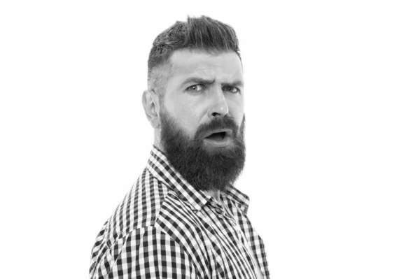 Have some doubts. Hipster bearded face not sure in something. Doubtful bearded man on white background close up. Doubtful expression. Wait what. Man serious face raising eyebrow not confident — Stock Photo, Image