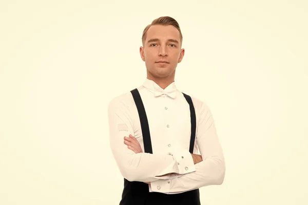 Clube de cavalheiros. Conceito de confiança. Cara confiante cara vestida em terno de luxo formal. Dançarino homem dança de salão olhar elegante. Dançarina de dança de salão. Cavalheiro bailarino bem preparado fundo branco — Fotografia de Stock