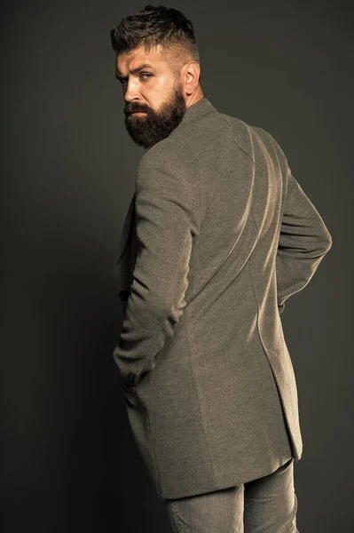 Bearded man with moustache and beard unshaven face. Hipster wearing casual outfit. Clothes shop. Menswear trend. Menswear. Hipster wear comfy outfit. Caucasian man demonstrate fashionable menswear — Stock Photo, Image