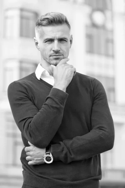 Predict developments. Lost in thoughts. Cognitive process. Intellectual work. Attractive mature man. Mature man grey hair and bristle outdoors. Man stylish hairstyle. Male face. Businessman concept