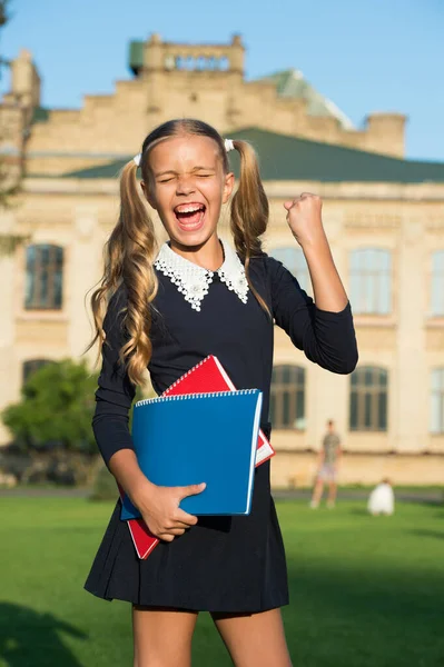 Perfecto uniforme de estudiante de la escuela chica sostiene libros, concepto de alumno motivado — Foto de Stock