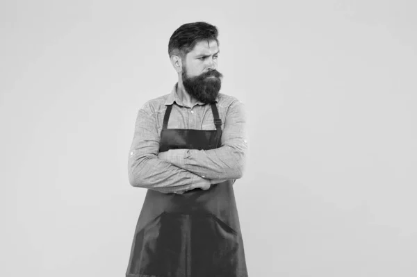 Pessoal da barbearia. Estilo Hipster. Salão de barba. Barbeiro machista bem preparado. Conceito de barbearia. Barbeiro cabeleireiro. Inspirado por mudanças. Homem brutal hipster barbudo com bigode desgaste avental — Fotografia de Stock