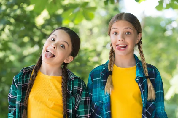 Día lleno de diversión. niños despreocupados posando al aire libre. Modelos positivos. Traje de hipsters ocasionales. retrato de hermanas felices. chicas graciosas con camisa. Dos jóvenes chicas hipster sonrientes en ropa de verano de moda — Foto de Stock