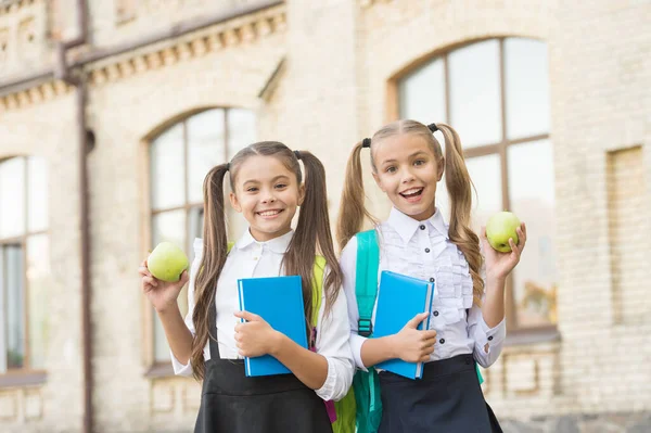 Estudantes meninas colegas de classe com mochilas tendo almoço escolar, conceito de vitaminas frescas — Fotografia de Stock