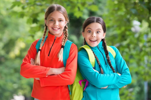 Chicas mochileros amigos lana ropa mochilas bosque fondo, concepto de montañismo — Foto de Stock