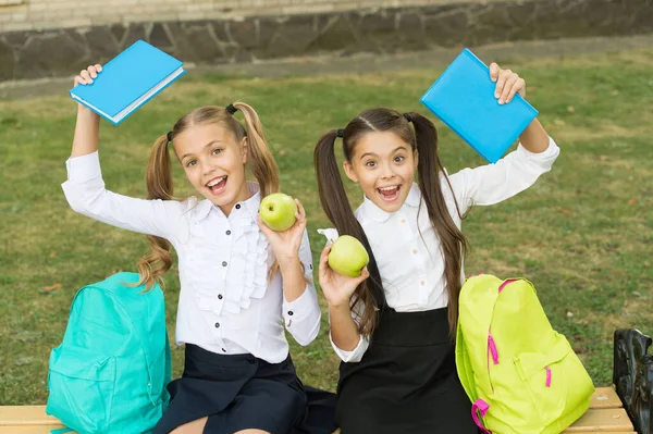 Feliz escola amigos meninas se divertindo, de volta ao conceito de escola — Fotografia de Stock