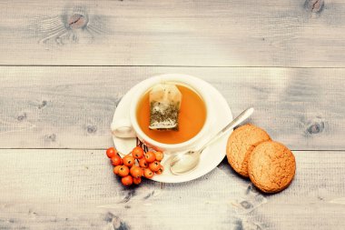 Sağlık hizmetleri kocakarı ilaçları. Aromatik rowanberry içeceği için. Mavi arka planda bir fincan çay yakın plan. Lezzetli gurme tadı. Kafe menüsü. Böğürtlen çayı. Seramik fincan sıcak demlenmiş çay içeceği.