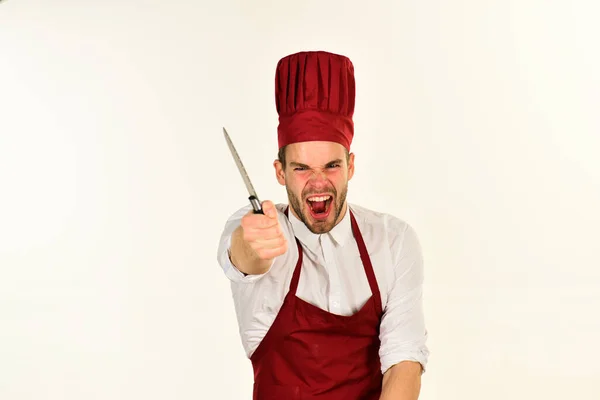 Кухарка працює на кухні. Шеф з божевільним криком обличчя — стокове фото