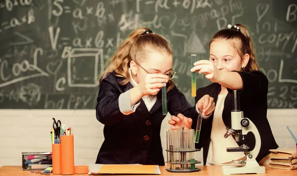 Scuola per bambini dotati. Ragazze uniforme scolastica eccitato dimostrare la loro ipotesi. Studenti di ginnasio con approfondimento delle scienze naturali. Indagine sui progetti scolastici. Sperimentazione scolastica — Foto Stock