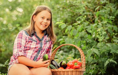 Acıktım. Mutlu küçük çiftçi. Sonbahar hasadı. Sepette küçük bir sebze kız. Çok doğal. hasat vitamini. Bahar pazarı bahçesi. Çocuk yaz çiftliğinde. Organik yiyecekler. çocuklar için sağlıklı yiyecekler