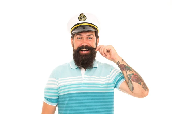 Man bebaarde kapitein matroos uniform marine cruise, welkom aan boord concept — Stockfoto