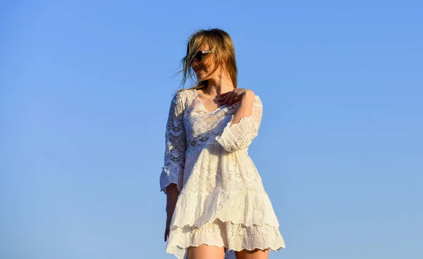 Naturalness concept. Dancing woman. Mental health. Girl blue sky background. Emotional girl. Happy girl white dress feel free. Summer party. Sunny day. Carefree girl. Freedom. Impulsiveness and ease — Stock Photo, Image