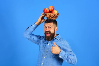 Bahçıvanlık ve sonbahar ürünleri. Sakallı adam hasır kaseyi tutuyor.