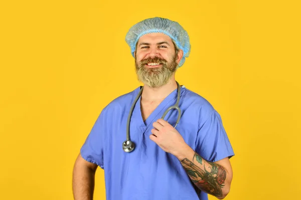 Health care. Doctor occupation. Medical insurance. Good thing to be vaccinated. Incubation period. Doctor ready help. Diagnosis concept. Man bearded doctor wear uniform cap. Hipster work at hospital