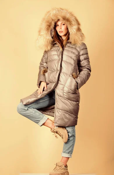 Favorite season. woman in padded warm coat. beauty in winter clothing. cold season shopping. happy winter holidays. flu and cold. seasonal fashion. girl in puffed coat. faux fur fashion — Stock Photo, Image