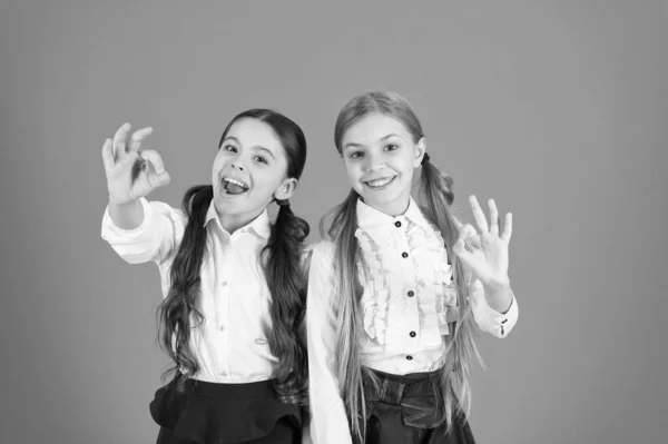 De acuerdo. Bien. Colegialas lindo gesto bien. Volver al estilo de moda de la escuela. Los niños de la escuela con una mirada hacia adelante de moda. Niñas usando uniforme escolar. Niñas en coletas vestidas para la escuela —  Fotos de Stock