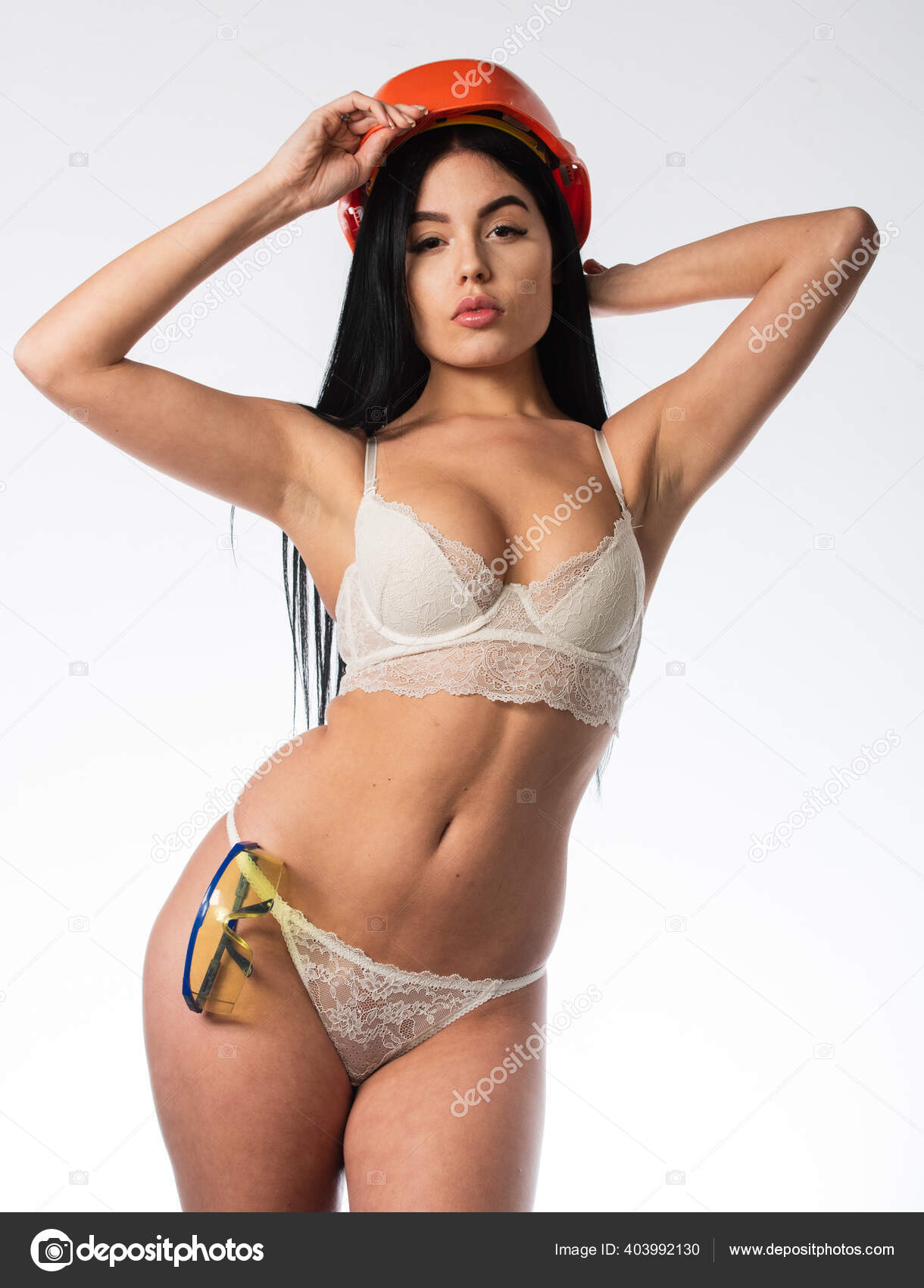 Build your ideal body. sexy woman in erotic lingerie and hard hat. summer and underwear female fashion. under protection. prevention concept pic