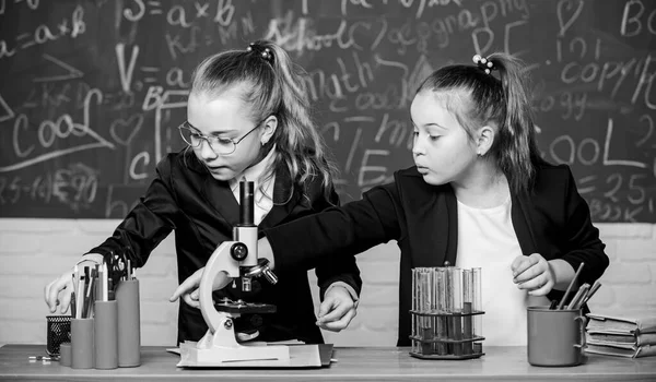 Pupils cute girls use test tubes with liquids. Chemistry experiment concept. Safety measures for providing safe chemical reaction. Make studying chemistry interesting. Basic knowledge of chemistry