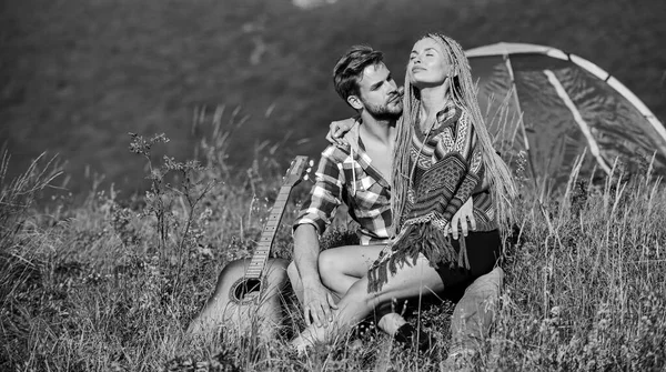 Family travel. Summer vacation. Boyfriend girlfriend guitar near camping tent. Camping vacation. Hiking romance. Camping in mountains. Couple in love happy relaxing nature background. Love concept — Stock Photo, Image