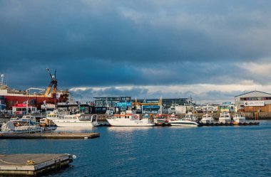 Reykjavik, İzlanda - 13 Ekim 2017: Liman manzaralı deniz ve kıyı bölgesi. Gemiyle seyahat et. Deniz trafik servisi. Çevreyi kirletme. Sadece deniz ortamını önemse.
