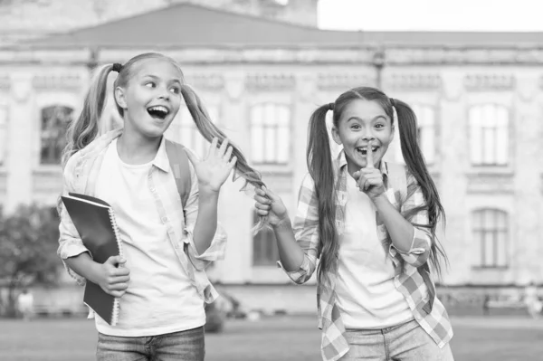 Geluk en vreugde. Lachende vrienden die plezier hebben op het schoolplein. Gelukkige schoolvrienden. School kamp. Modern onderwijs. Tieners met rugzakken. Meisjes school achtergrond. STEM zomerkampen en cursussen voor kinderen — Stockfoto