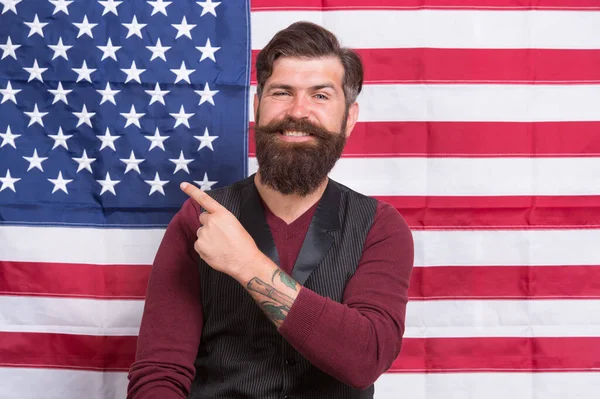 Man with beard and mustache USA flag background, promoting american concept — Stock Photo, Image